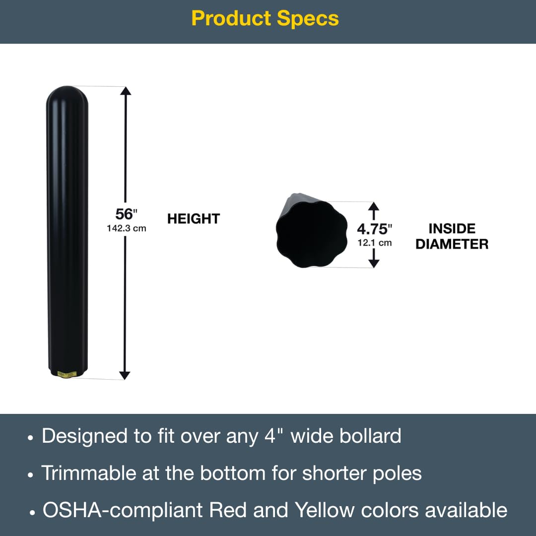 Bollard Covers Eagle for 4 Inch Poles - 56" Tall, Durable Fluted HDPE Plastic - Trimmable Black Bollard Post Sleeve for Parking Lots, Warehouses, and Loading Docks, 1732BLK