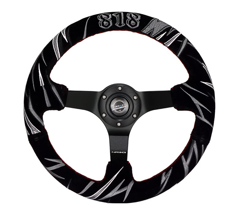 NRG Innovations Reinforced NRG-RST-036MB-S-JJR Steering Wheel 3" Deep, 5mm Matte Black Spoke, 350mm Sport Steering Wheel Black Suede with Red Stitching