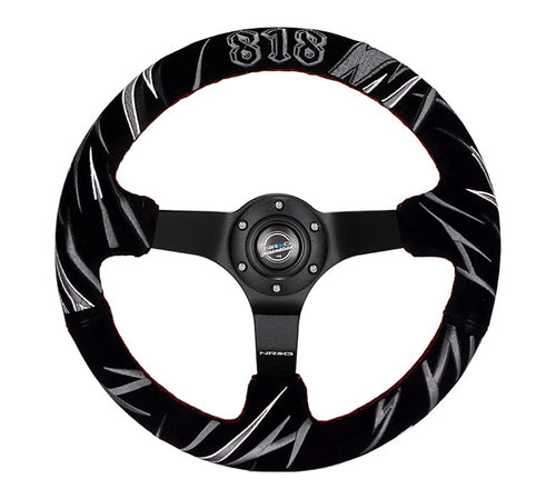 NRG Innovations Reinforced NRG-RST-036MB-S-JJR Steering Wheel 3" Deep, 5mm Matte Black Spoke, 350mm Sport Steering Wheel Black Suede with Red Stitching