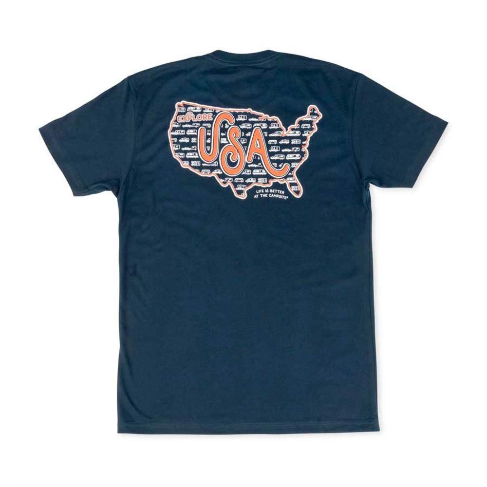 Camco Crew Neck Life is Better at The Campsite Short Sleeve T-Shirt | Features Soft Jersey Fabric, RVs Exploring The USA on Navy Blue, and is Machine Washable | Small (53420)