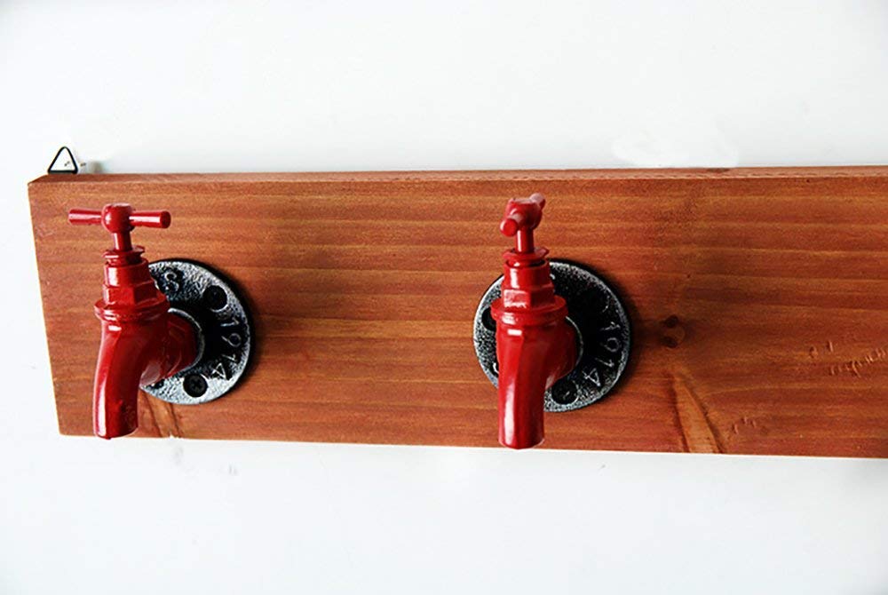 YIMJ Coat Hooks Hookahs Faucet Clothes Hooks Home Bar Wood Wall Storage Rack Retro 3 Coat Hooks Garment, Towels, Hat Hanger Rack Decorative Hooks, Red