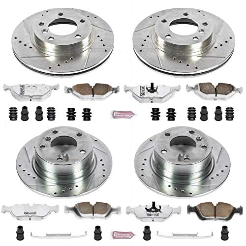 Power Stop K4371-26 Z26 Carbon Fiber Brake Pads Front and Rear with Drilled & Slotted Brake Rotors Kit and 1 Front & 1 Rear Sensor Wires For BMW Z4 2003-2005 [Model Specific]