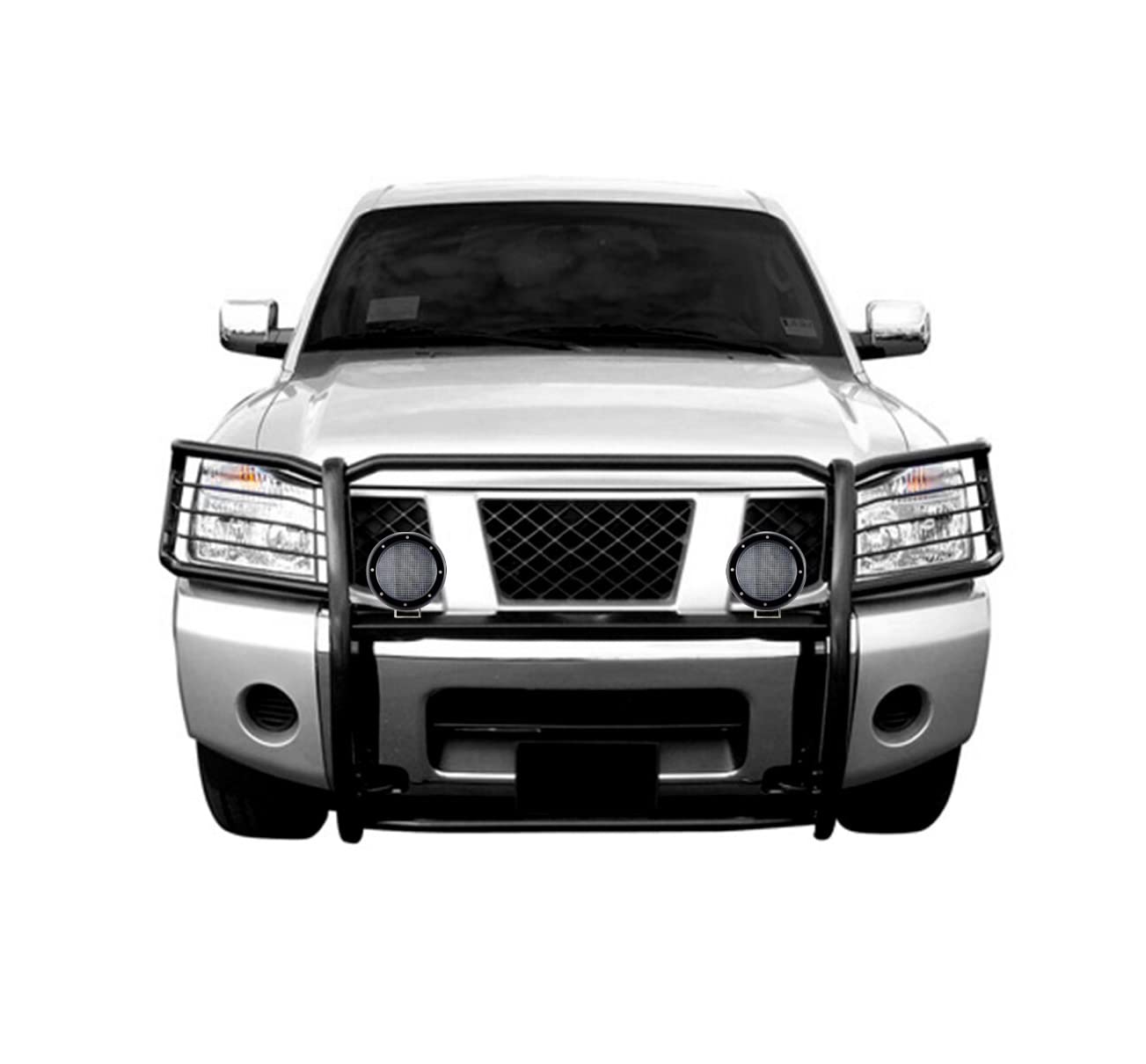 Bumper Guard Black Horse Grille Brush Modular Black Come with Pair of 5.3" LED Lights with Black Trim Rings Compatible with 2005-2015 Armada|2004-2015 Titan Crew Cab & King Cab-17NR26MA-PLFB