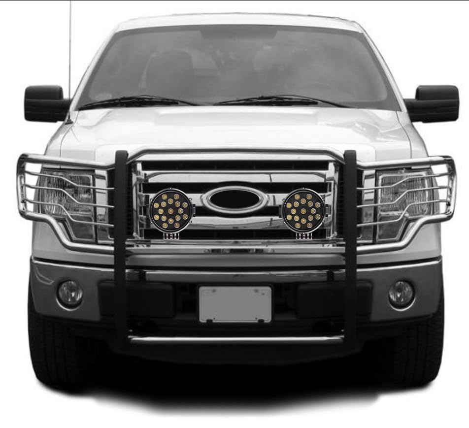 Bumper Guard Black Horse Grille brush Modular Stainless Steel Come With pair of 7.0"Dia.LED Lights with Black Trim Rings Compatible with 2009-2014 Ford F-150-17FP30MSS-PLB