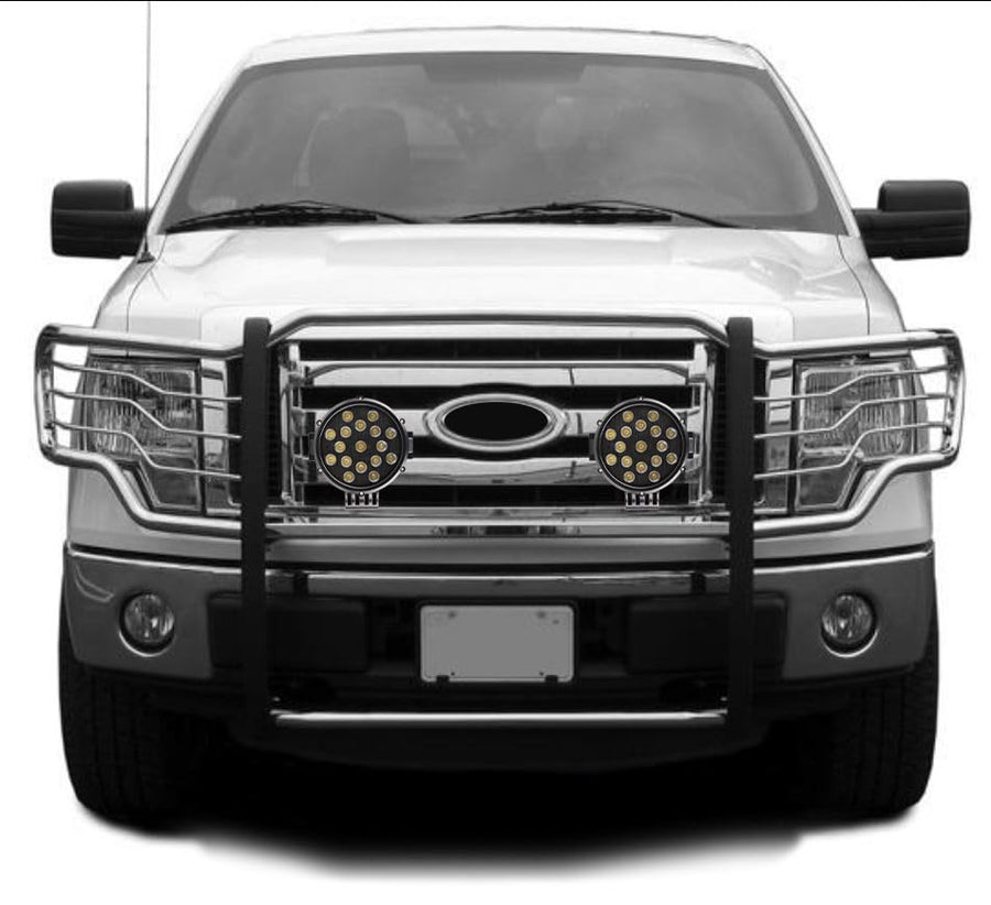 Bumper Guard Black Horse Grille brush Modular Stainless Steel Come With pair of 7.0"Dia.LED Lights with Black Trim Rings Compatible with 2009-2014 Ford F-150-17FP30MSS-PLB