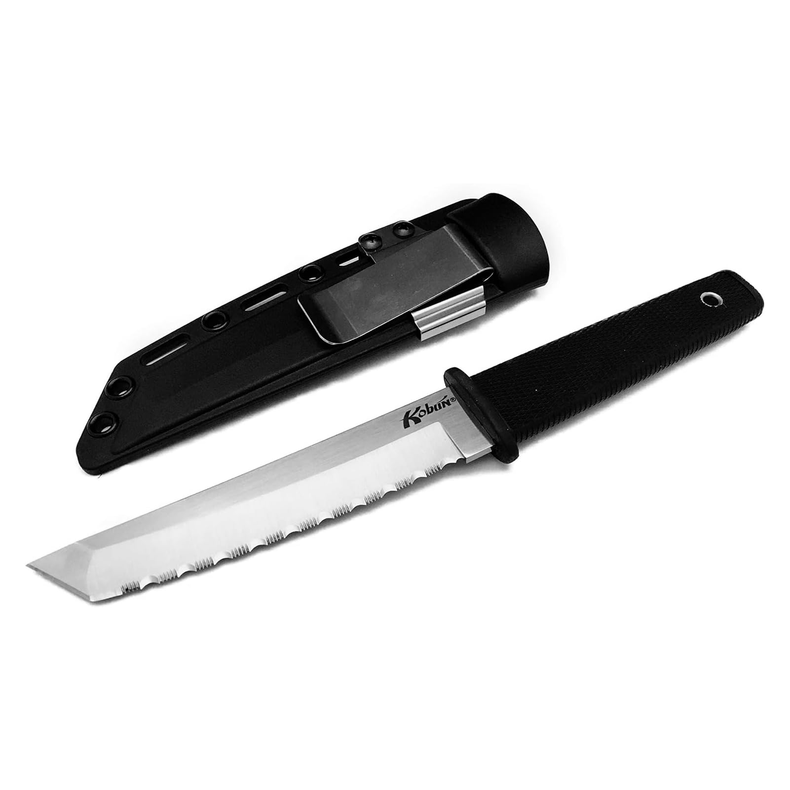 Cold Steel Serrated Kobun 5.5" Japanese AUS8A Stainless Steel American Tanto Shape Fixed Blade Tactical Hunting Knife, Ergonomic Kray-Ex Handle, Secure-Ex Sheath