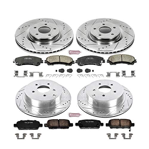 Power Stop K6943 Z23 Carbon Fiber Brake Pads Front and Rear with Drilled & Slotted Brake Rotors Kit