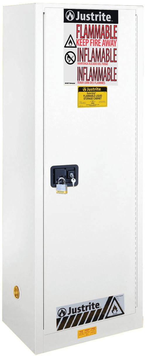 Justrite 22 Gallon Slimline Manual Close Flammable Storage Cabinet, 18 Gauge Steel, 3 Shelves, 2 Door Fire Cabinet, 65" x 23" x 18", Made in The USA, White, 892205