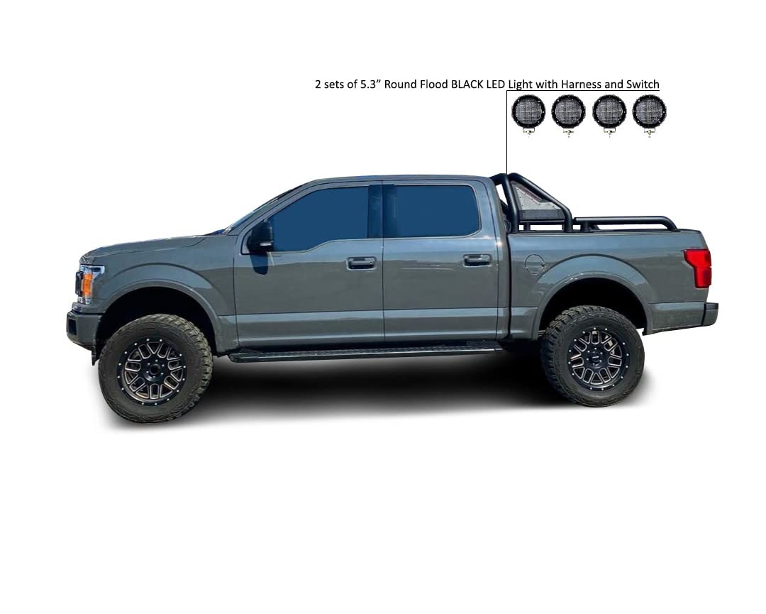 Gladiator Roll Bar Black Horse Incl. Set of 5.3" Dia.LED Lights Modular Black Compatible with Universal Roll Bar for 1/2 Ton Trucks (GM-Ford-Dodge- Tundra) -GLRB-01B-PLFB