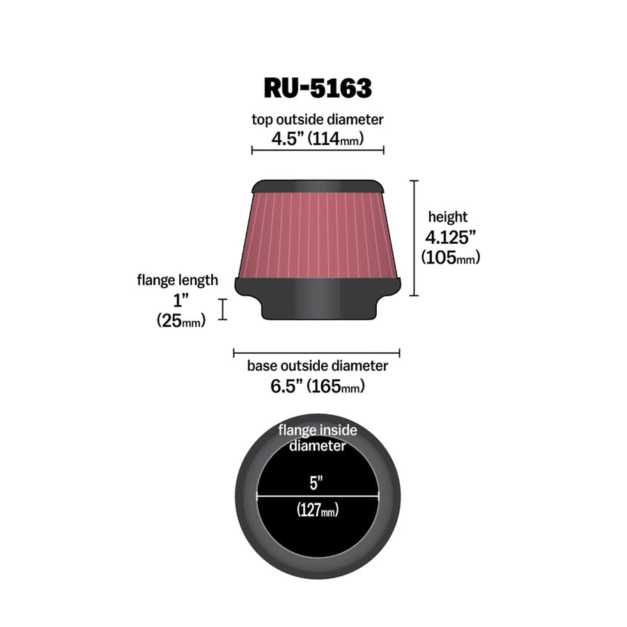 High-Flow K&N Original Lifetime Universal Clamp-On Air Filter: High Performance, Premium, Washable: Flange Diameter: 5 In, Filter Height: 4.125 In, Flange Length: 1 In, Shape: Round Tapered, RU-5163