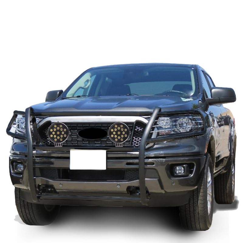 Bumper Guard Black Horse Grille Brush Modular Black Come with Pair of 7.0" Dia.LED Lights with Black Trim Rings Compatible with 2019-2023 Ford Ranger-17FP10MA-PLB