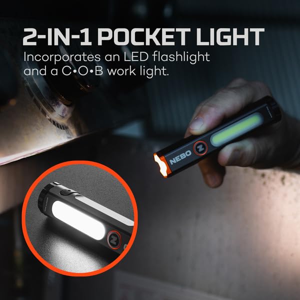 500 Pocket Flashlight NEBO Mini Larry | 500 Lumens, 2 Light Modes, Compact, Rechargeable COB Work Light & Mini Flashlight, Magnetic Base & Steel Clip, Waterproof, Includes USB-C Charging Cable