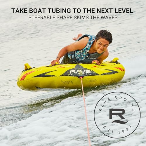 RAVE Sports Inflatable Razor Towable Tube, 1-2 Riders, Unique Skim-Fast Bottom Coating, Nylon Cover, Four Foam-Filled Reinforced Handles, Quick Connect Tow Point, Boat Tubes and Towables