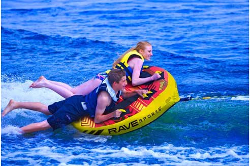 Frantic 2.0 RAVE Sports Inflatable Towable Tube, 1-2 Riders, Tapered Platform for Easy Boarding, Skim-Fast Bottom Coating, Foam-Filled Reinforced Handles, Neoprene Padding, Boat Towables-Tubes