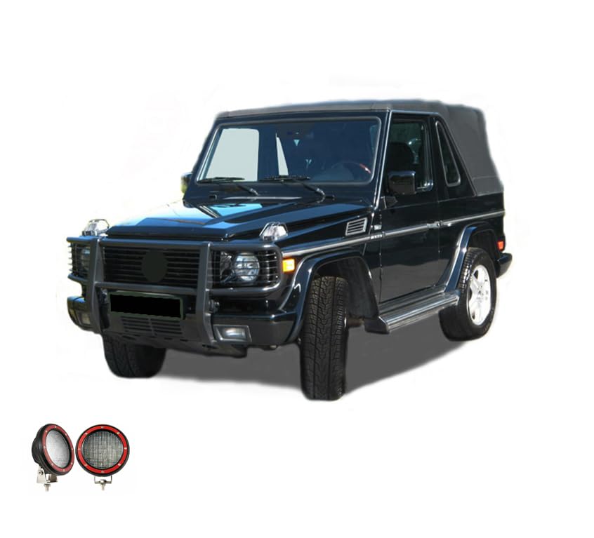 Bumper Guard Modular Black Black Horse Grille brush Come With Pair of 5.3"Dia.LED Lights with Red Trim Rings Compatible with 2003-2010 Mercedes-Benz G55 AMG|1999-2010 Mercedes-Benz G500-PGBZA008A-PLFR