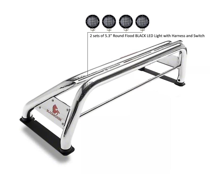 Classic Roll Bar Black Horse Incl. Set of 5.3" Dia.LED Lights w/Black Trim Rings Stainless Steel Compatible with 2015-2024 Chevrolet Colorado|2015-2024 GMC Canyon|15-24 Toyota Tacoma-RB003SS-PLFB