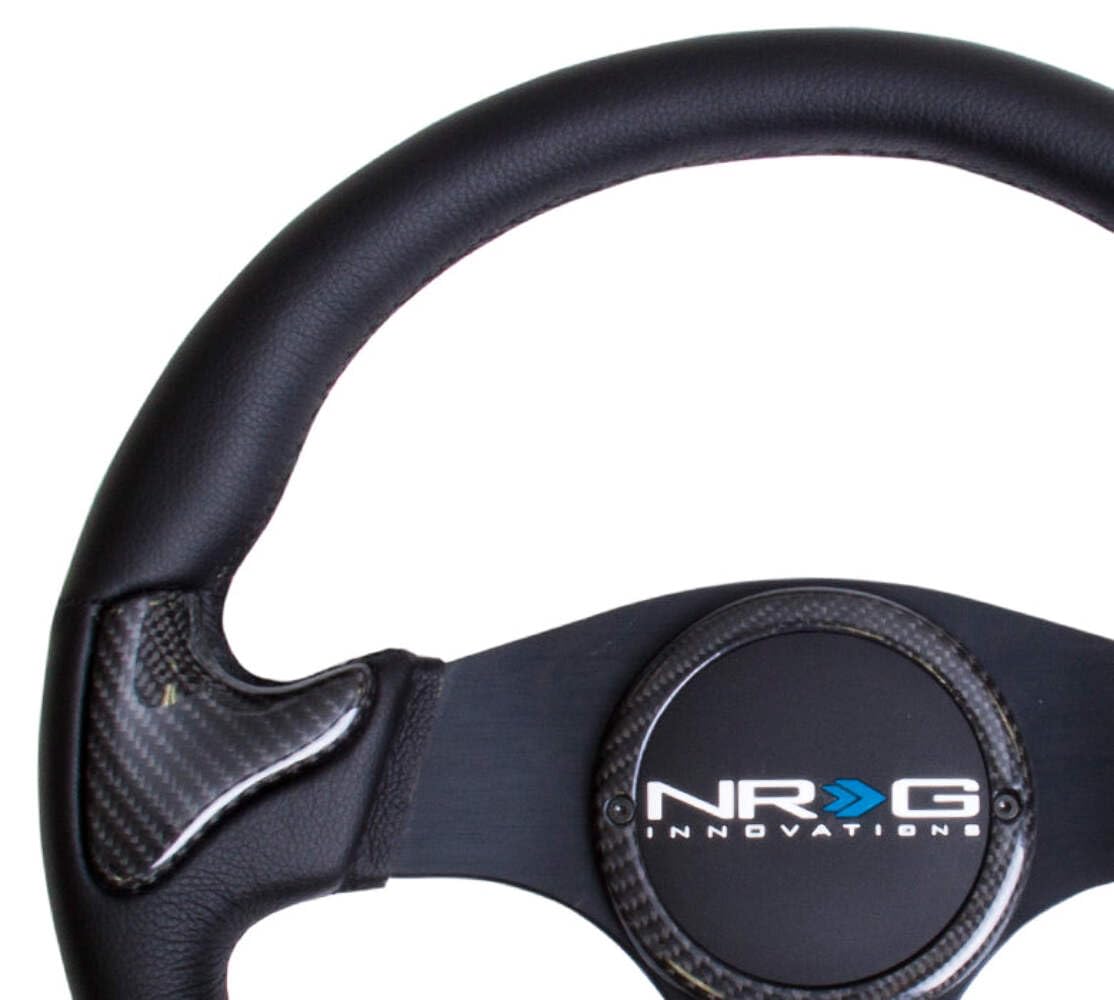 NRG Innovations Carbon Fiber NRG-ST-014CFBK Steering Wheel 350mm, Black Frame Black Stitching with Rubber Cover Horn Button