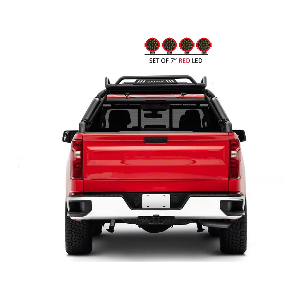 Warrior Black Horse Roll Bar Incl. Pair of 7.0" Dia.LED Lights Compatible with 1/2 TON Trucks (GM Silverado 14+/Ford F150 15+/Dodge RAM 15+) with Full Size Cargo Basket(with RED Brake Light)