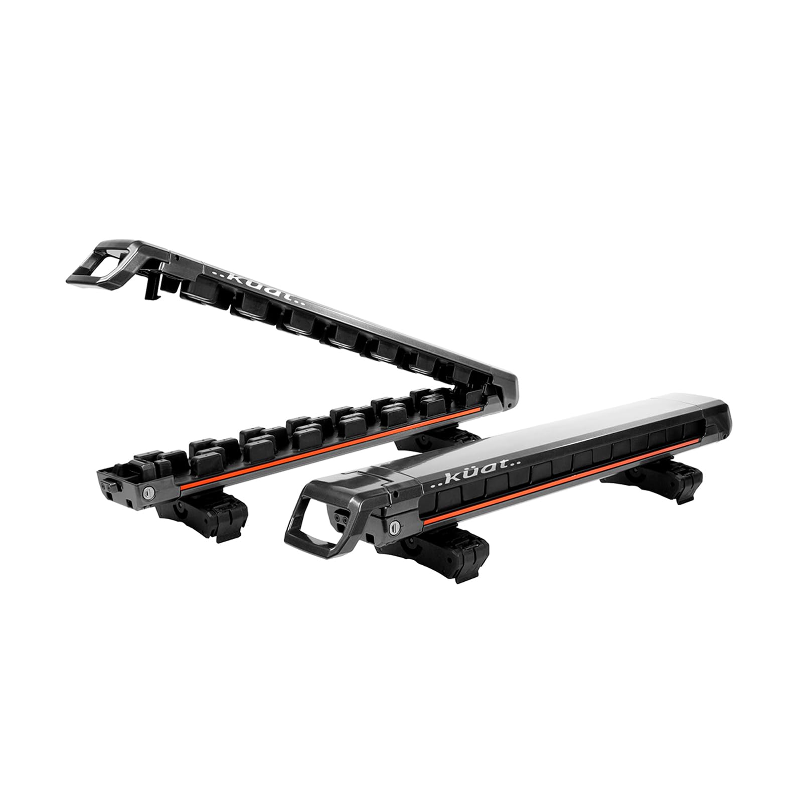 Grip 4 KUAT Durable Universal Car SUV Rooftop Crossbars Mounted Winter Sports Gear Hauling Transportation Slide-Out Locking Clamshell Rack, Fits 6 Skis/4 Snowboards - Gray with Orange Anodize