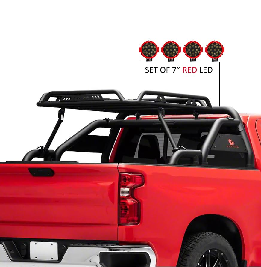 Warrior Black Horse Roll Bar Incl. Pair of 7.0" Dia.LED Lights Compatible with 1/2 TON Trucks (GM Silverado 14+/Ford F150 15+/Dodge RAM 15+) with Full Size Cargo Basket(with RED Brake Light)
