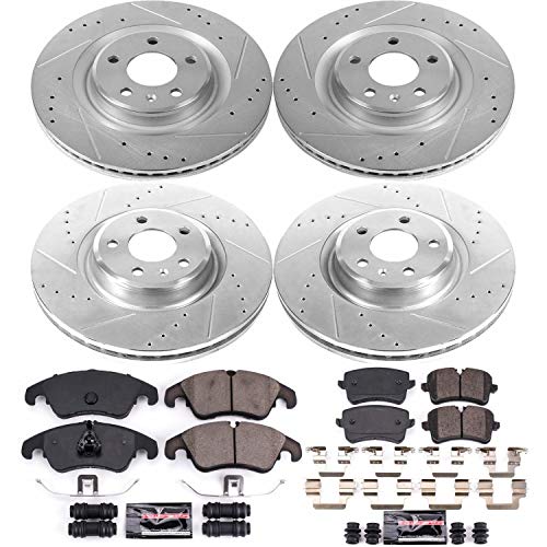 Power Stop K6142 Z23 Carbon Fiber Brake Pads Front and Rear with Drilled & Slotted Brake Rotors Kit