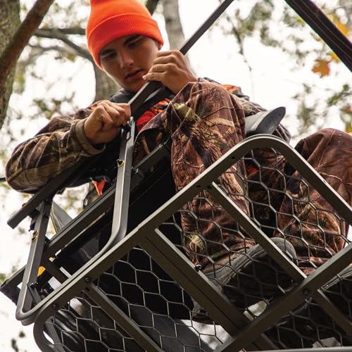 TwoPlex LS Rivers Edge 2-Man Ladder Stand, 17’1” Height, Lockdown Strapping System, Flip-Up TearTuff Mesh Bench Seat, 40” Wide Platform, 2-Way Adjustable Shooting Rail, RE669