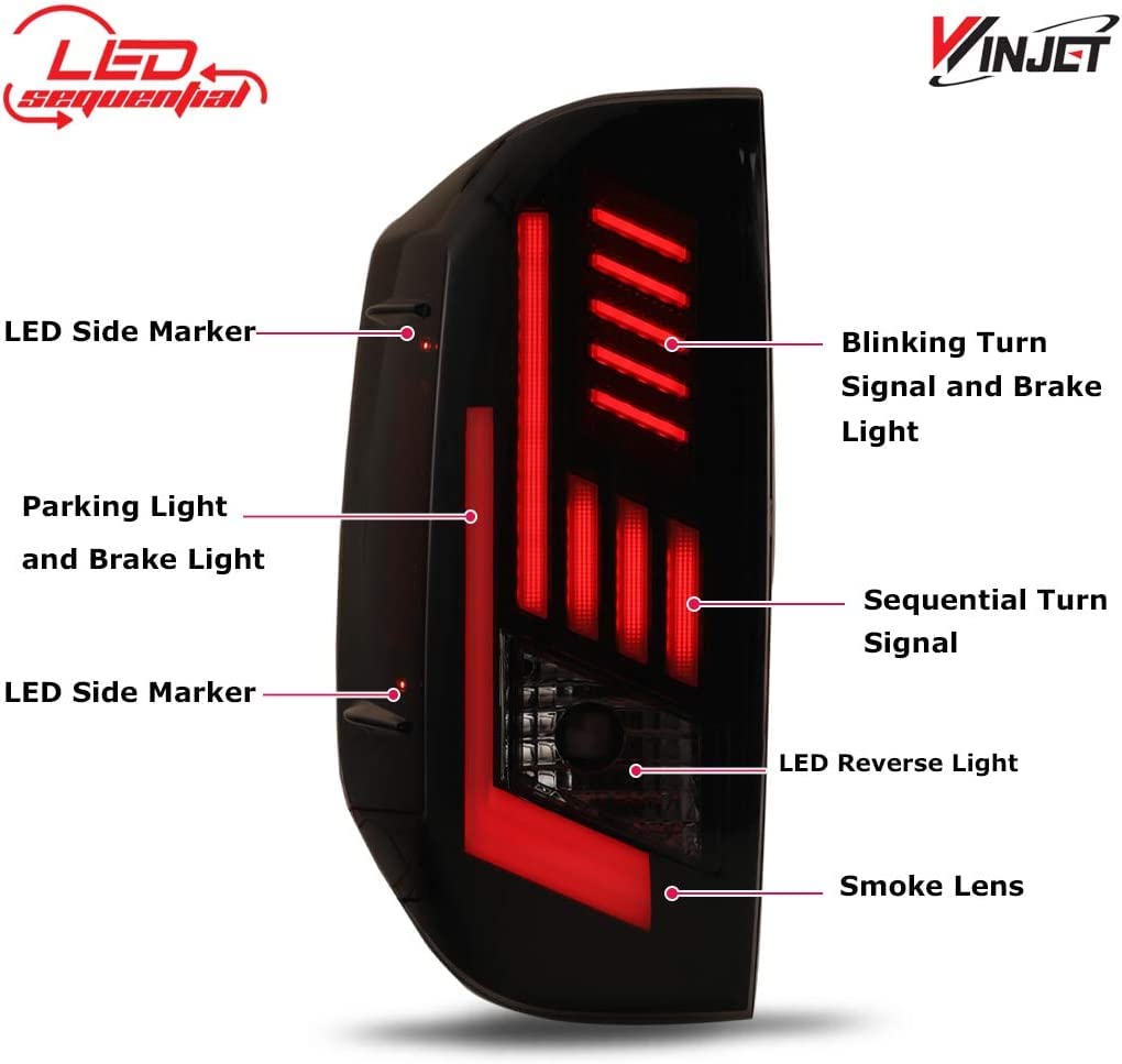 Winjet Tail Lights LED Assembly for 2014-2021 Toyota Tundra with Led Sequential Turn Signals DRL Brake Lights Rear Lamps Pair Replacement for Tundra Pickup Passenger and Driver Side (Smoke)