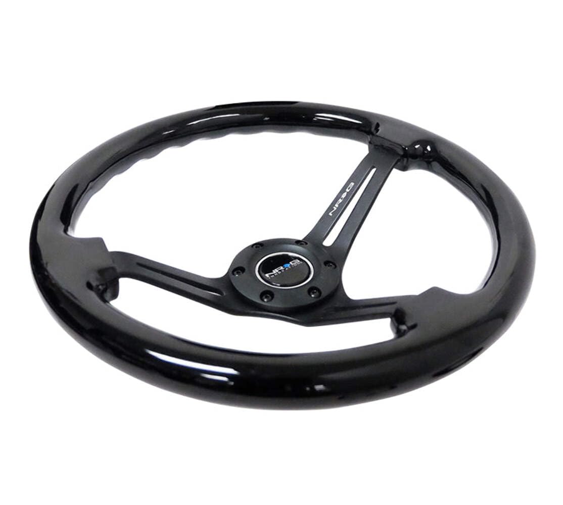 NRG Innovations Reinforced NRG-RST-018BK-BK Classic Wood Grain Steering Wheel, 75mm, 350mm, 3 Spoke Slotted Center Black With Black Painted Wood/Black Painted, Double Riveted Spokes + Horn