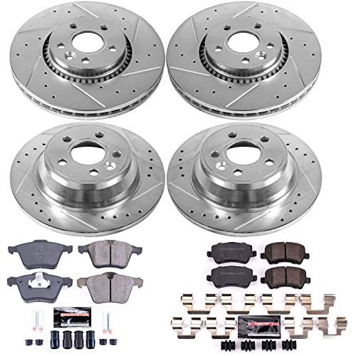 Power Stop K7639 Z23 Carbon Fiber Brake Pads Front and Rear with Drilled & Slotted Brake Rotors Kit