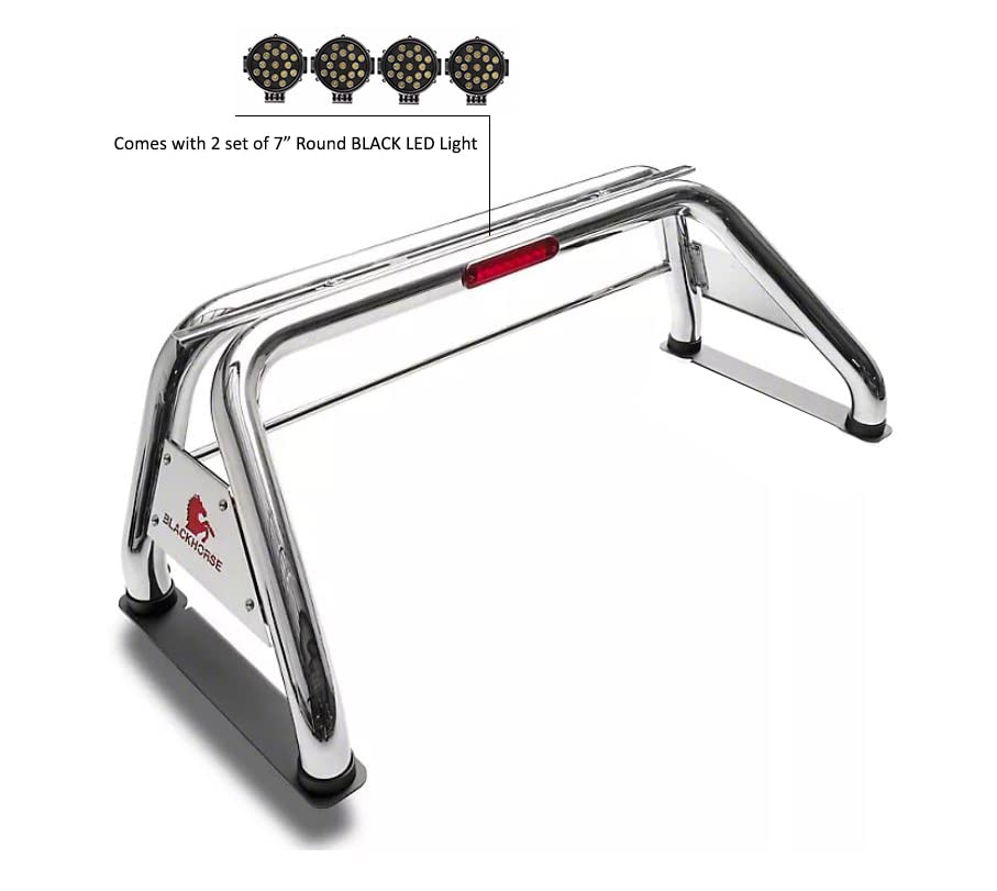 Classic Black Horse Roll Bar incl. Pair of 7.0" Dia. LED Lights w/Black Trim Rings Stainless Steel Compatible with 19-24 Ram 1500 Excludes Classic models-RB002SS-PLB