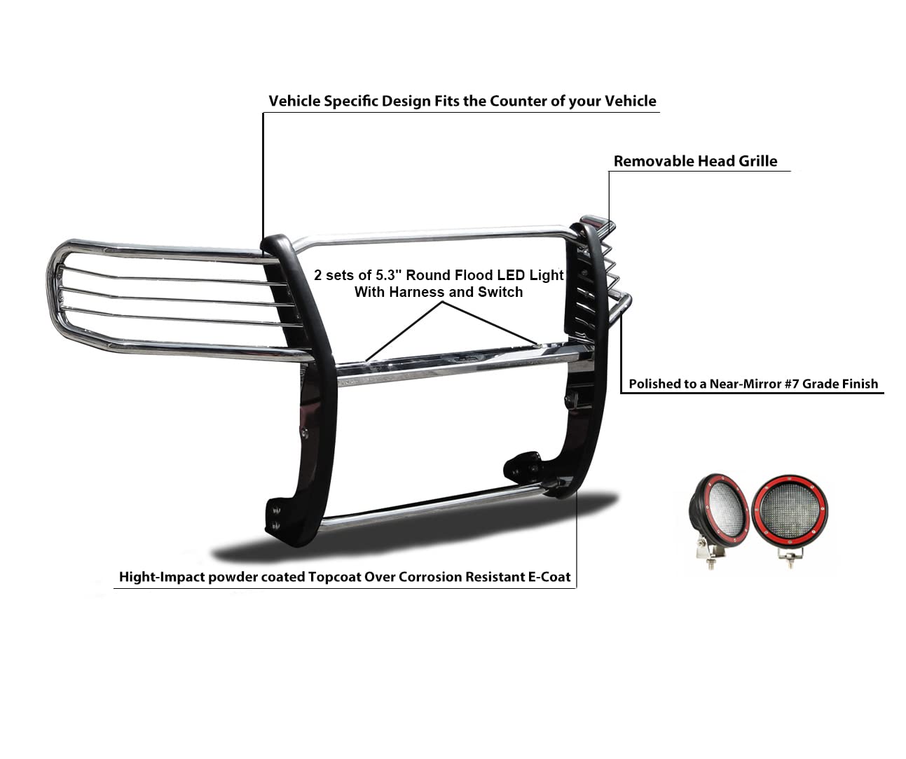 Bumper Guard Black Horse Grille Brush Modular Stainless Steel Come with Pair of 5.3" LED Lights with Red Trim Rings Compatible with 2008-2022 Toyota Sequoia|2007-2021 Toyota Tundra-17A098900MSS-PLFR
