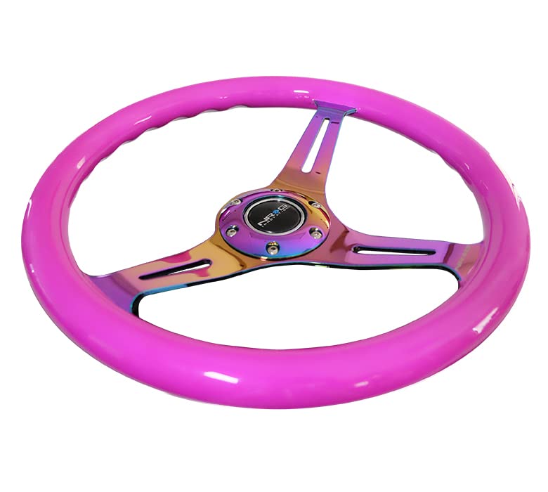 Classic Wood Grain Steering Wheel NRG Innovations NRG-ST-015MC-NPP, 350mm 3 Neochrome Spokes-Neon Purple Color
