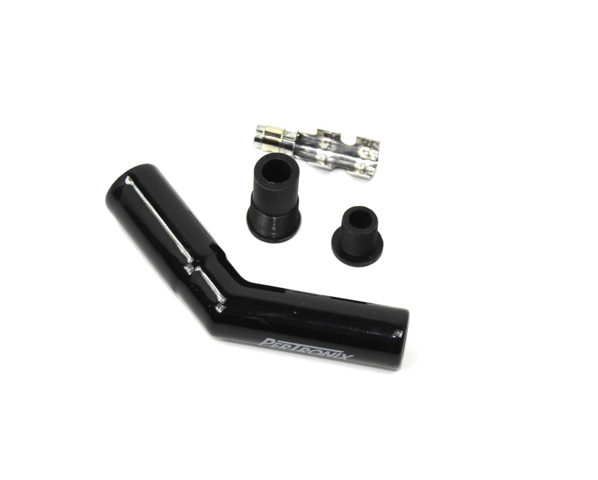 Black Ceramic PerTronix 8563HT-1 Spark Plug Boot 45 Degree includes silicone plug and wire bushings, stainless steel spark plug terminals and high temp ceramic boot