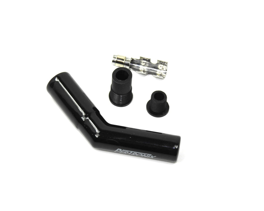 Black Ceramic PerTronix 8563HT-1 Spark Plug Boot 45 Degree includes silicone plug and wire bushings, stainless steel spark plug terminals and high temp ceramic boot