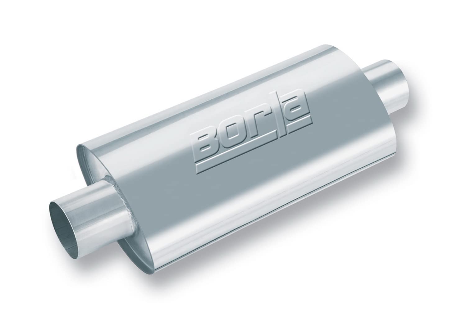 BORLA XR-1 40943 Sportsman Universal Performance Muffler 3" Center Inlet / 3" Center Outlet 4.25" x 7.88" Oval x 12" Long Body 17" OAL Un-Notched Necks Reversible Design T-304 Stainless Steel