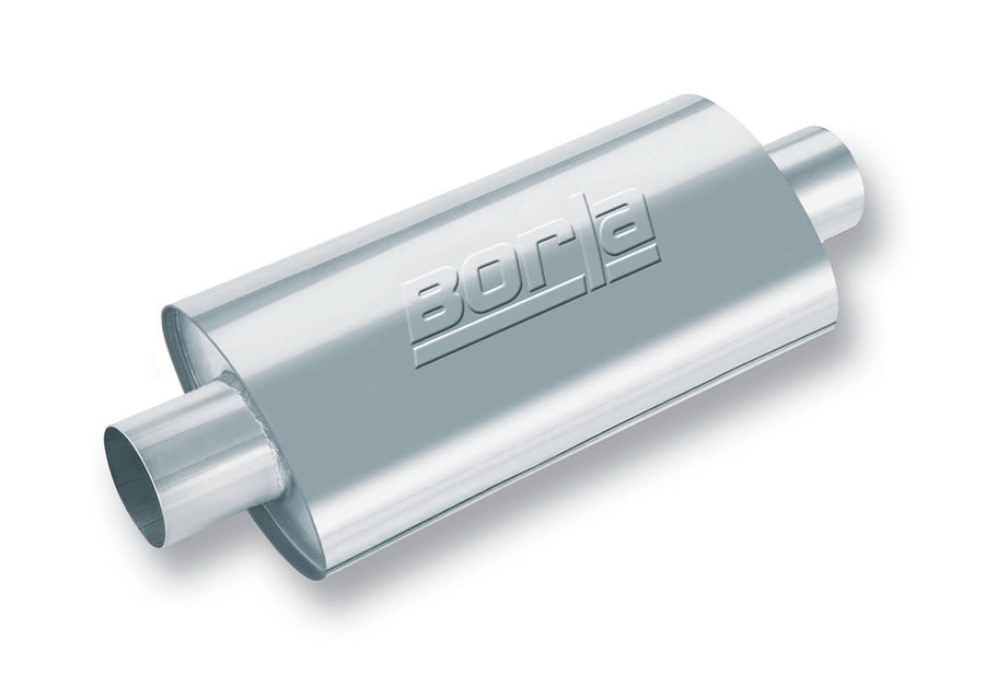 BORLA XR-1 40943 Sportsman Universal Performance Muffler 3" Center Inlet / 3" Center Outlet 4.25" x 7.88" Oval x 12" Long Body 17" OAL Un-Notched Necks Reversible Design T-304 Stainless Steel