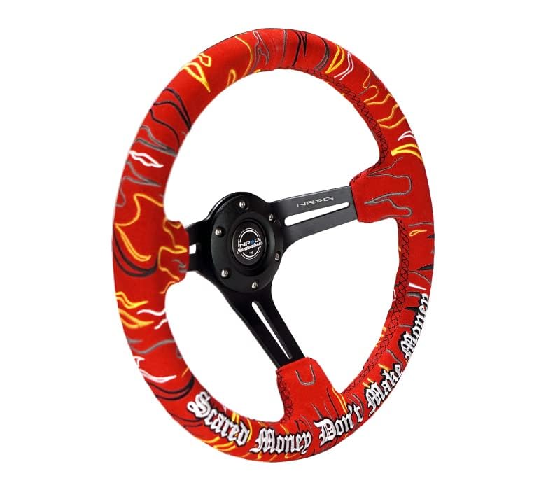 NRG Innovations Reinforced Steering Wheel NRG-RST-018MB-RLR, 3" Deep, 5 mm Black Spoke with Slit Spokes, Red Alcantara, Red Stitching