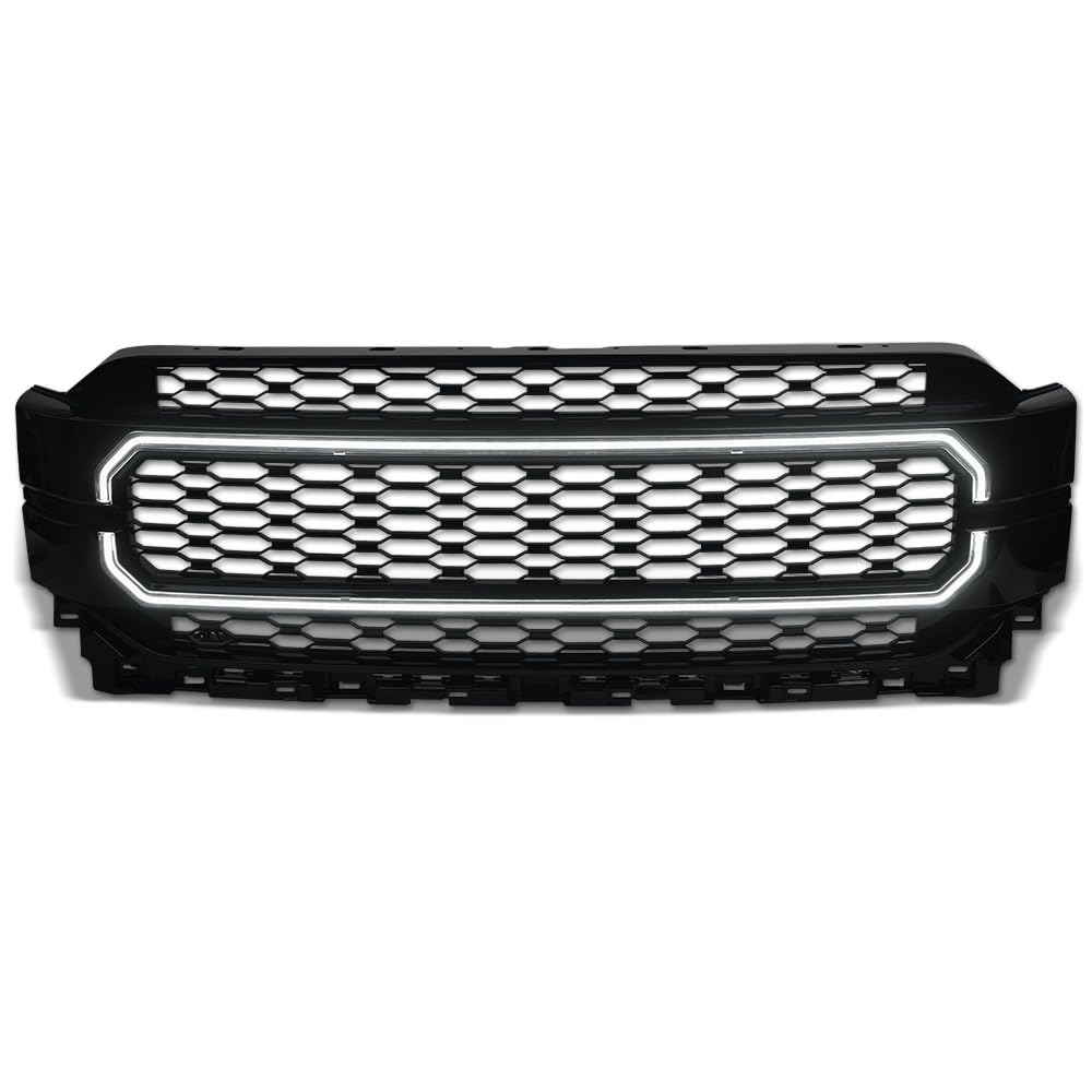 HEX Style Armordillo Honeycomb Mesh LED Front Grille|Compatible With 2021-2023 Ford F150 F-150|8735039|ABS Plastic|Gloss Black|Front Hood Bumper Grille With LED Light Bar