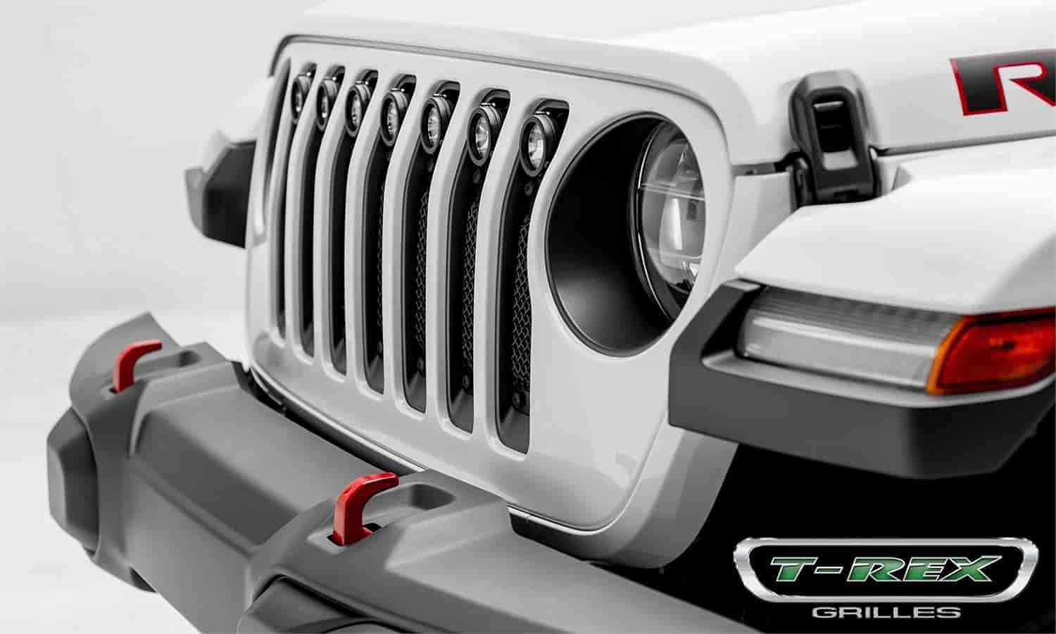 T-REX Stealth Torch Jeep Gladiator, JL Grille, Black, 1 Pc, Insert, Black Studs with (7) 2 Inch LED Round Lights, Does Not Fit Vehicles with Camera - PN #6314931-BR
