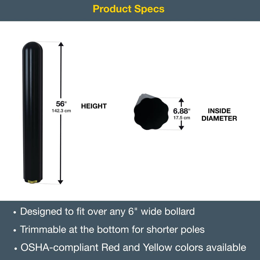 Bollard Covers Eagle for 6 Inch Poles - 56" Tall, Durable Fluted HDPE Plastic - Trimmable Black Bollard Post Sleeve for Parking Lots, Warehouses, and Loading Docks, 1730BLK