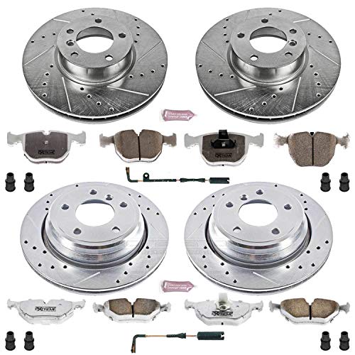 Power Stop Z26 K945-26 Front and Rear Carbon Fiber Brake Pads with Drilled & Slotted Brake Rotors Kit and 1 Front & 1 Rear Sensor Wires