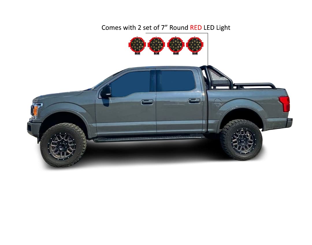 Gladiator Roll Bar Black Horse Incl. Pair of 7.0" Dia. Led Lights w/Red Trim Rings Modular Black Compatible with Universal Roll Bar for 1/2 Ton Trucks (GM-Ford-Dodge- Tundra) -GLRB-01B-PLR
