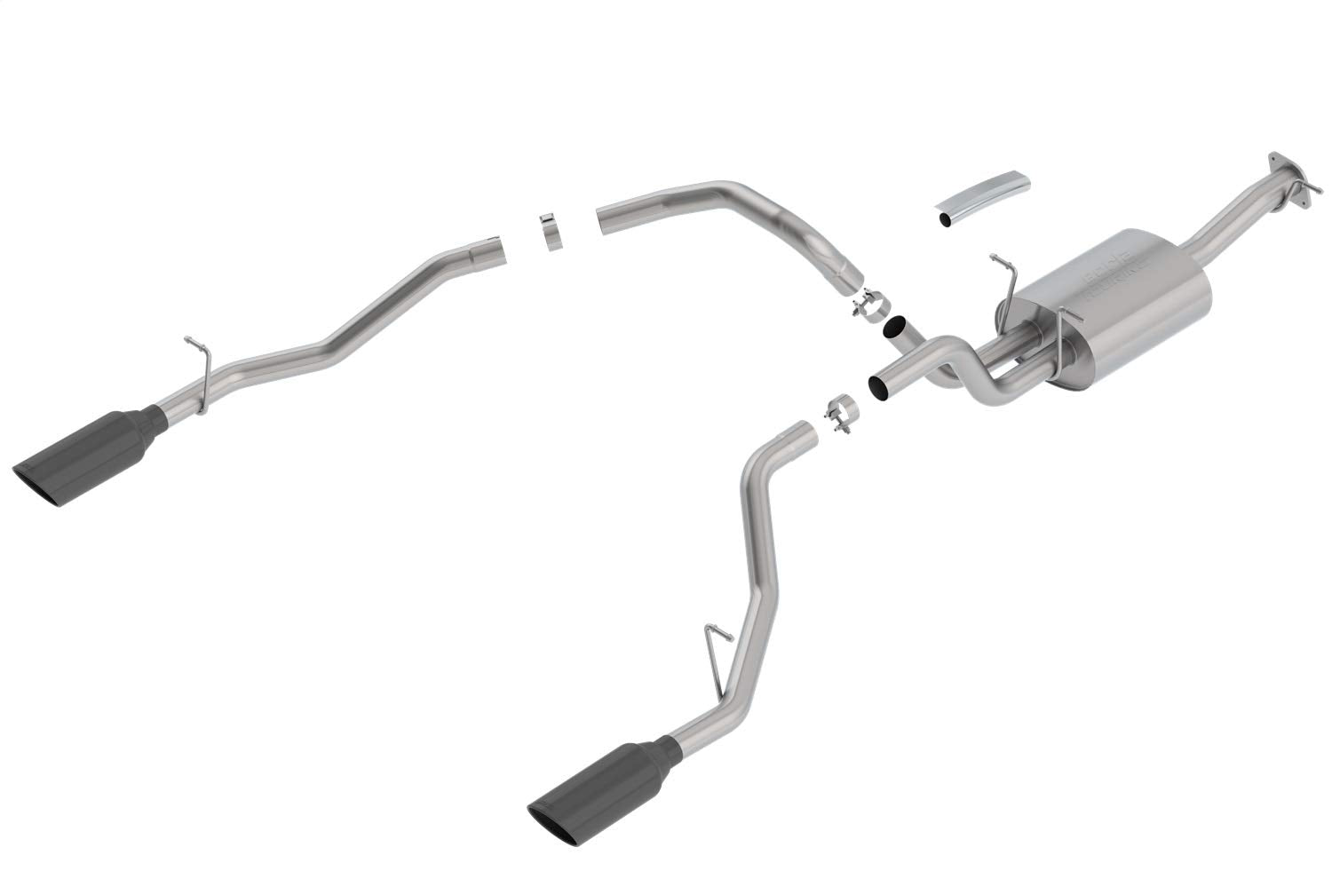 BORLA Cat-Back 140758BC Perf. Exhaust Sys. for '19-'23 Ram 1500 V8 Incl. e-Torque incl. Rebel & G/T Models (Exc. Classic) T-304 Touring Dual Split Rear Exit Single 5" Rnd. Blck. Chrome Tips Each Side.