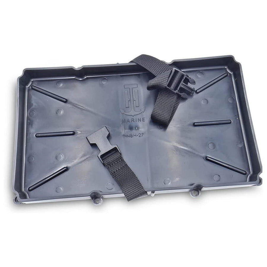 Narrow Battery Tray Holder T-H Marine with Poly Strap – Space Saving NMMA Certified Battery Tray with Recessed Mounting Wells for Marine, RV, and Trolling Motor Installations – Group 27, 12.5" x 7"