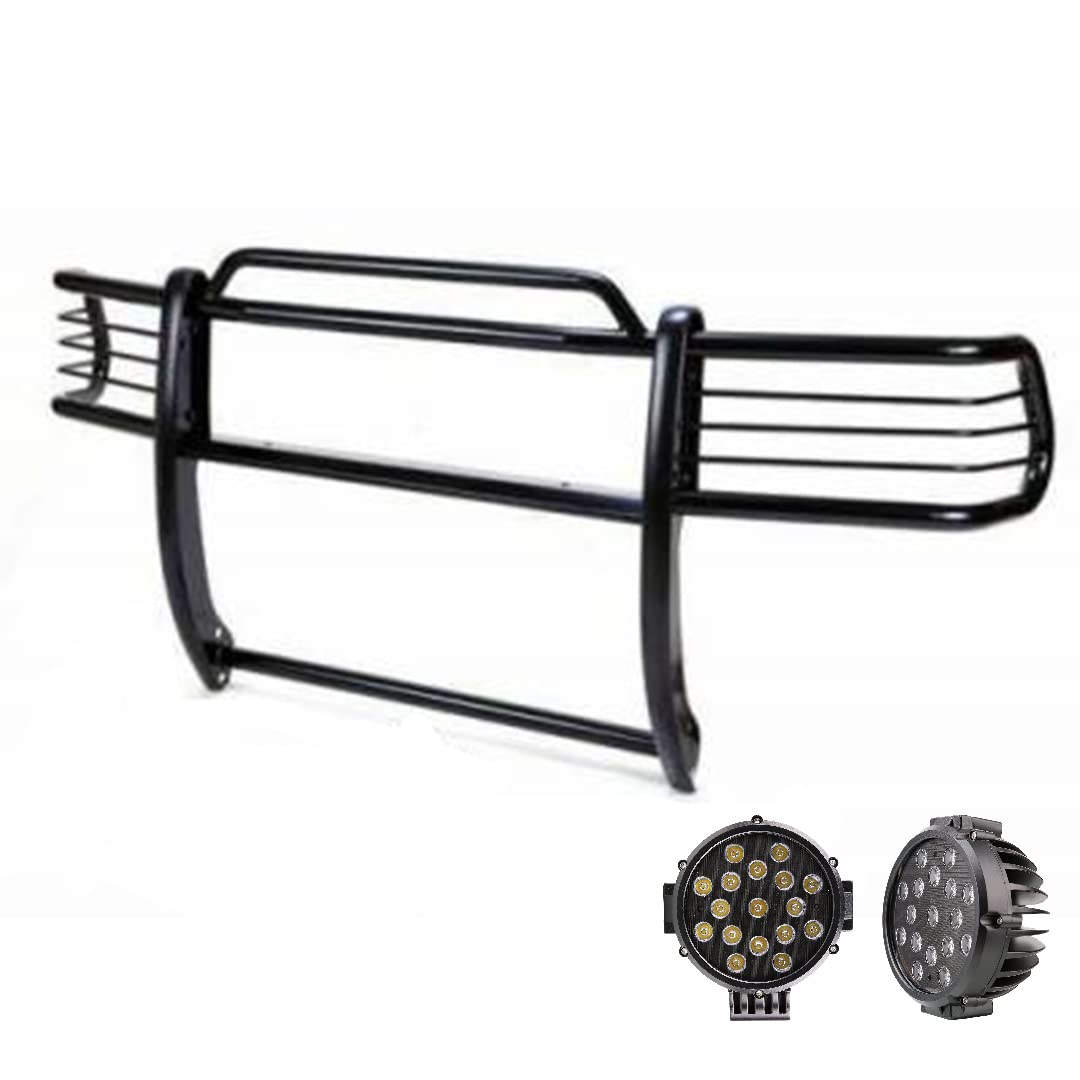 Bumper Guard Black Horse Grille Brush Modular Black Come with Pair of 7.0" Dia.LED Lights with Black Trim Rings Compatible with 1999-2004 Jeep Grand Cherokee-17EB26MA-PLB