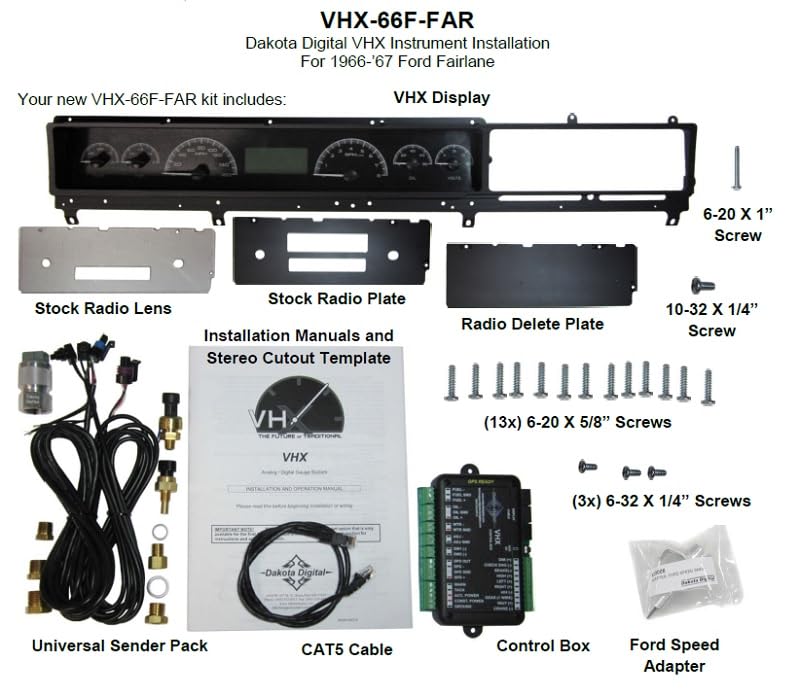 Dakota Digital VHX-66F-FAR-K-W Analog Gauge Dash System Compatible with Ford 1966-67 Fairlane Car Black Alloy White