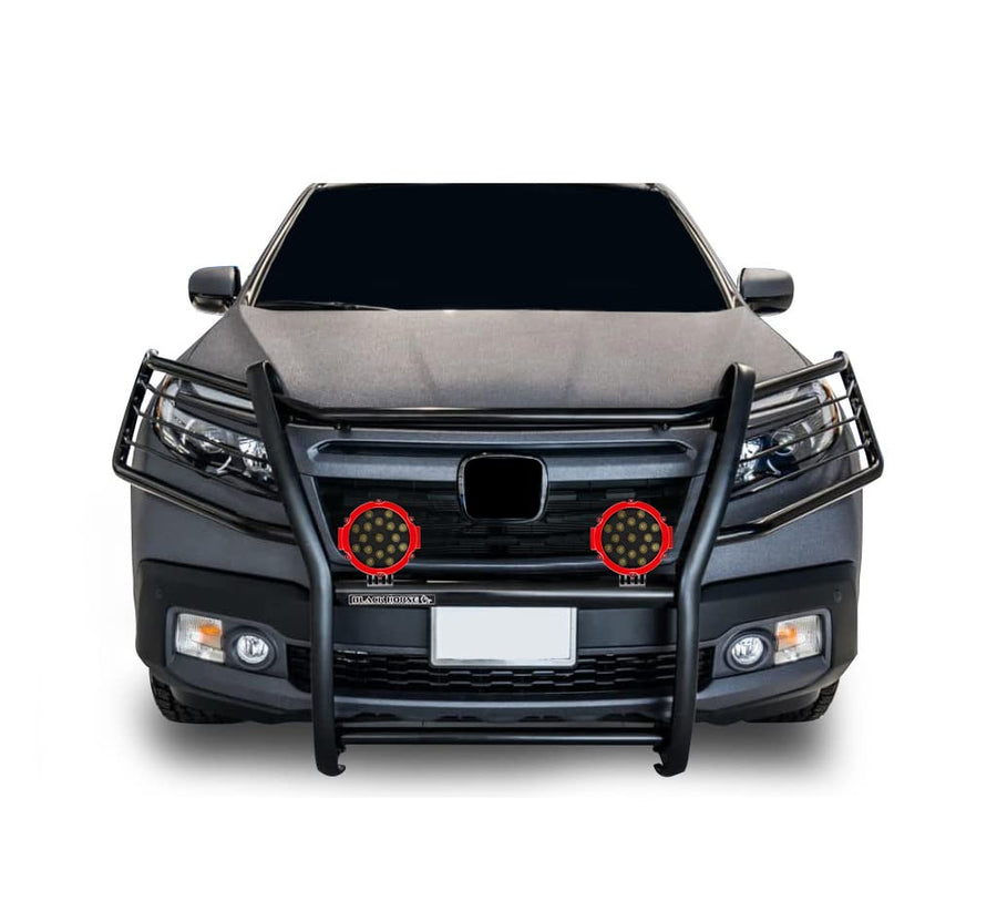 Bumper Guard Black Horse Grille Brush Modular Black Come with Pair of 7.0" Dia.LED Lights with Red Trim Rings Compatible with 2016-2019 Honda Ridgeline-17H01MA-PLR