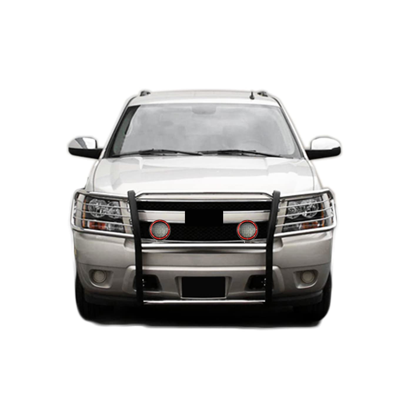Black Horse Grille Brush Bumper Guard Stainless Steel Modular Come with Pair of 5.3" LED Lights with Red Trim Rings Compatible with 2007-2013 Avalanche|2007-2014 Suburban 1500/Tahoe-17A037400MSS-PLFR