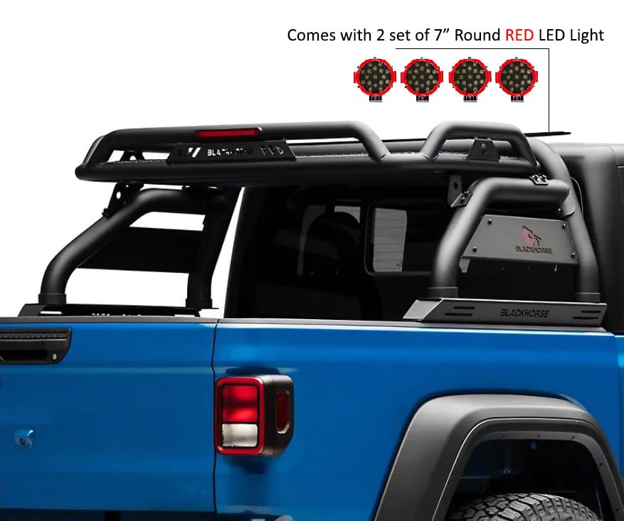 Atlas Black Horse Roll Bar Incl. Pair of 7.0" Dia. Led Lights w/Red Trim Rings Compatible with 2020-2024 Jeep Gladiator-ATRB9BK-PLR