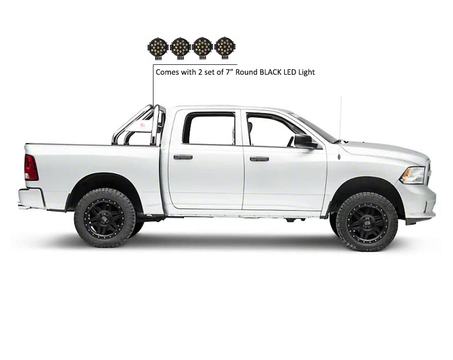 Classic Black Horse Roll Bar incl. Pair of 7.0" Dia. LED Lights w/Black Trim Rings Stainless Steel Compatible with 19-24 Ram 1500 Excludes Classic models-RB002SS-PLB